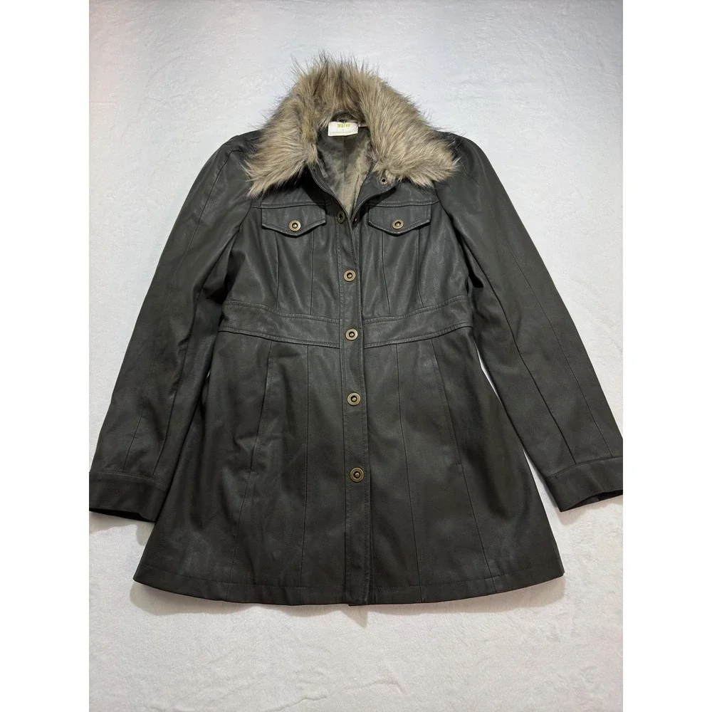 Maeve By Anthropologie Coat Womens Large Gray Faux Leather Fur Collar Winter - Picture 1 of 10